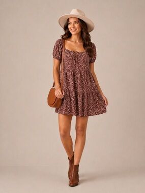 NWT LACAUSA Flowy BoHo Mini Dress Cocoa Mushroom Print Reddish/Brown Size Small